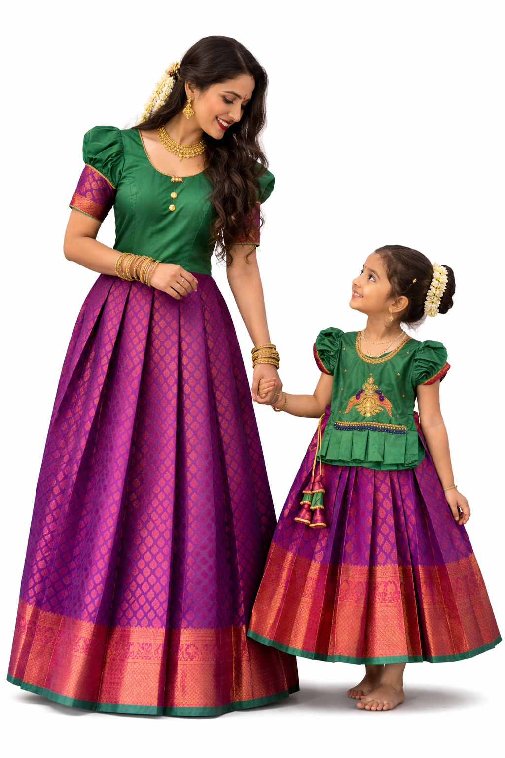 Mother and daughter wearing matching Pattu pavadai